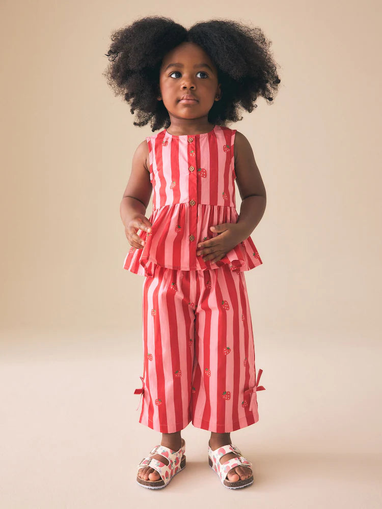 |Girl| Conjunto Coordenado De Blusa e Calça Listradas Em Vermelho e Rosa (3 meses a 8 anos)