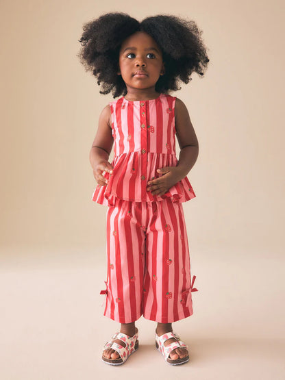 |Girl| Conjunto Coordenado De Blusa e Calça Listradas Em Vermelho e Rosa (3 meses a 8 anos)