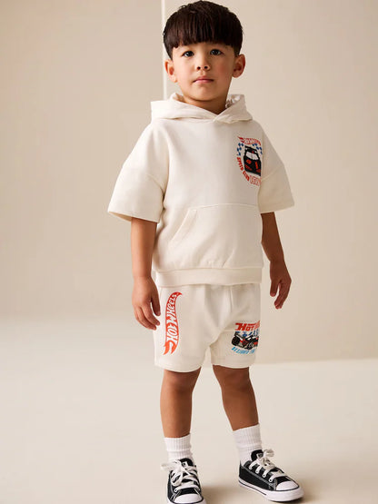 |Boy| Conjunto Hot Wheels Branco Com Moletom De Manga Curta e Shorts (6 meses a 8 anos)