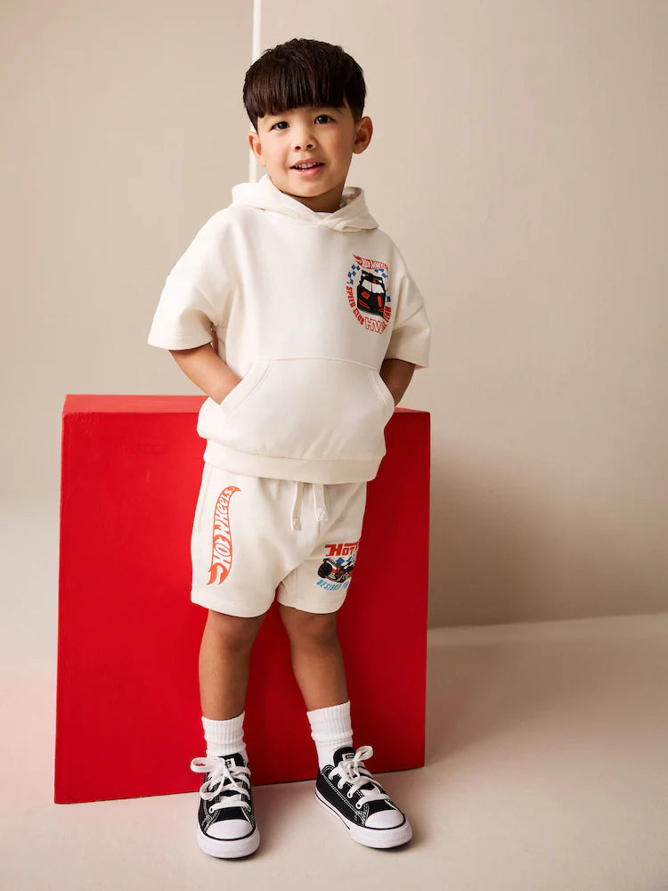 |Boy| Conjunto Hot Wheels Branco Com Moletom De Manga Curta e Shorts (6 meses a 8 anos)
