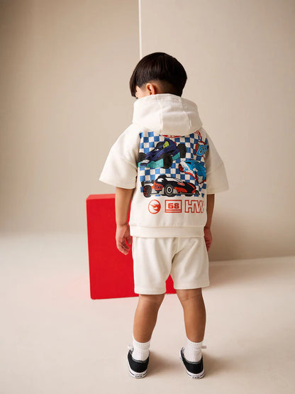 |Boy| Conjunto Hot Wheels Branco Com Moletom De Manga Curta e Shorts (6 meses a 8 anos)