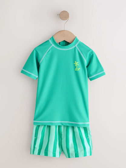 |Boy| Conjunto De Camiseta De Manga Curta Verde Com Proteção Solar e Shorts De Banho (3 meses a 7 anos)