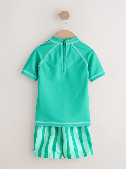 |Boy| Conjunto De Camiseta De Manga Curta Verde Com Proteção Solar e Shorts De Banho (3 meses a 7 anos)