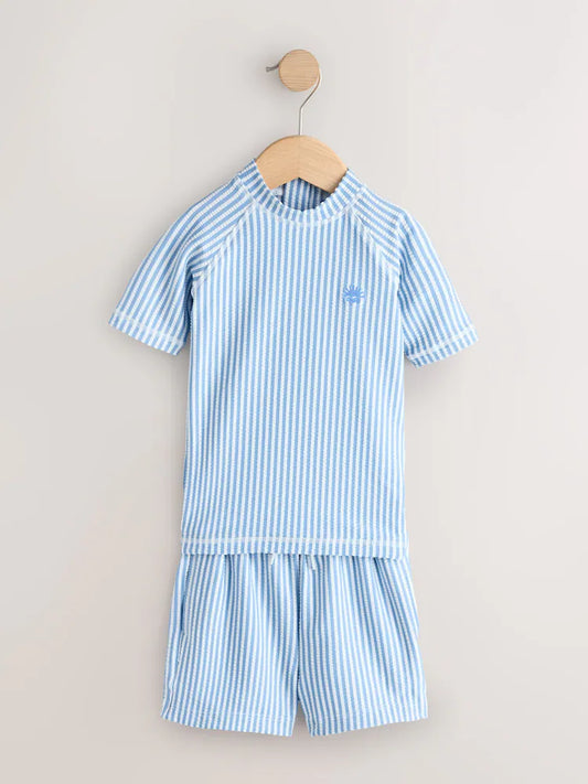 |Boy| Conjunto De Camiseta De Proteção Solar e Shorts De Banho Texturizados Azuis (3 meses a 7 anos)