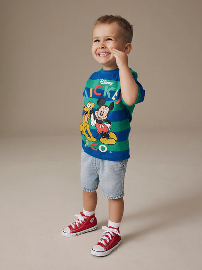 |Boy| Camiseta De Manga Curta Mickey Mouse Azul/Verde (3 meses a 8 anos)