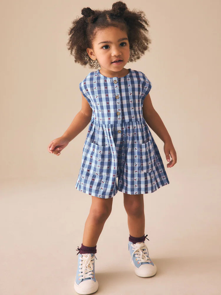 |Girl| Macaquinho Trapézio Xadrez Vichy Azul (3 meses a 7 anos)