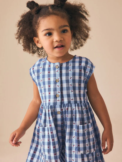 |Girl| Macaquinho Trapézio Xadrez Vichy Azul (3 meses a 7 anos)