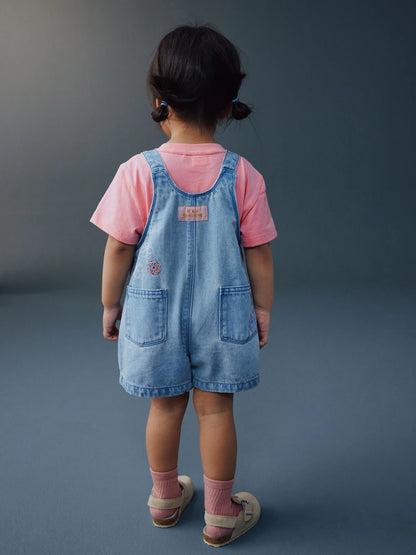 |Girl| Conjunto De Jardineira e Camiseta Em eans Azul Claro Com Bordado De Joaninha (3 meses a 7 anos)