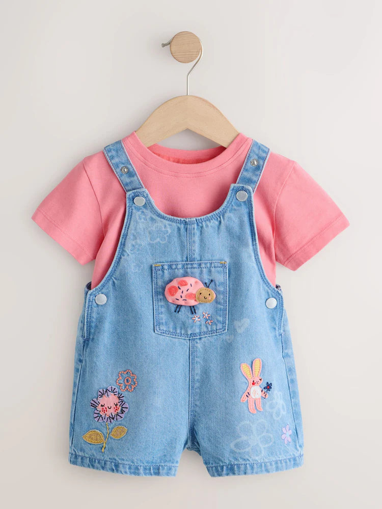 |Girl| Conjunto De Jardineira e Camiseta Em eans Azul Claro Com Bordado De Joaninha (3 meses a 7 anos)