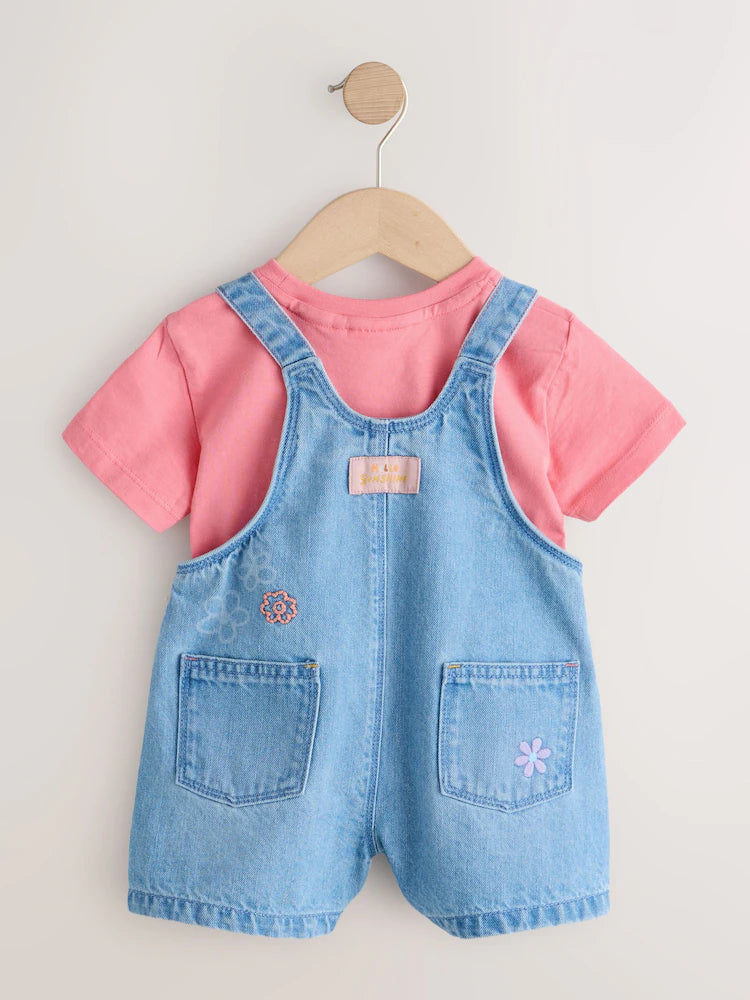 |Girl| Conjunto De Jardineira e Camiseta Em eans Azul Claro Com Bordado De Joaninha (3 meses a 7 anos)