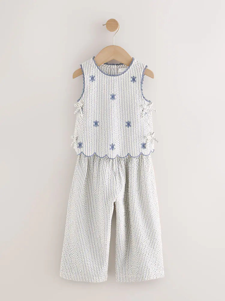 |Girl| Conjunto De Blusa e Calça Com Listras Azuis (3 meses a 7 anos)