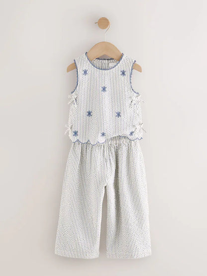 |Girl| Conjunto De Blusa e Calça Com Listras Azuis (3 meses a 7 anos)