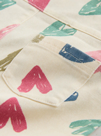 |Girl| Conjunto De Jardineira e Camiseta Cor Creme Com Estampa De Coração (3 meses a 7 anos)