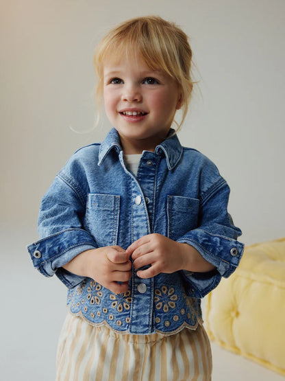 |Girl| Conjunto De Jaqueta Jeans Azul Médio e Calça Listrada (3 meses a 7 anos)
