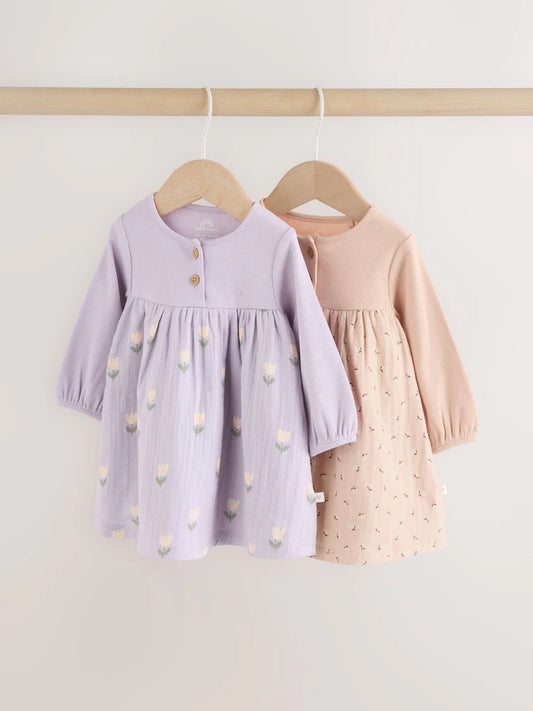|BabyGirl| Conjunto Com 2 Vestidos De Tecido Para Bebê Nas Cores Roxo e Rosa (0 meses a 3 anos)