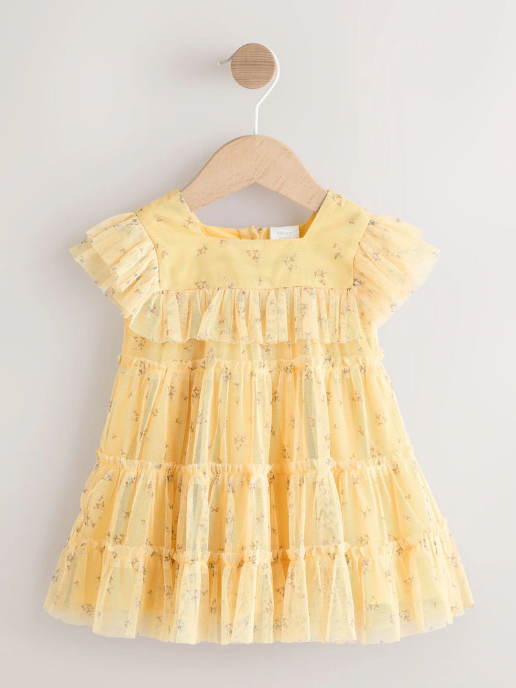 |BabyGirl| Vestido De Bebê Amarelo Com Estampa Floral Em Tule (0 meses a 2 anos)
