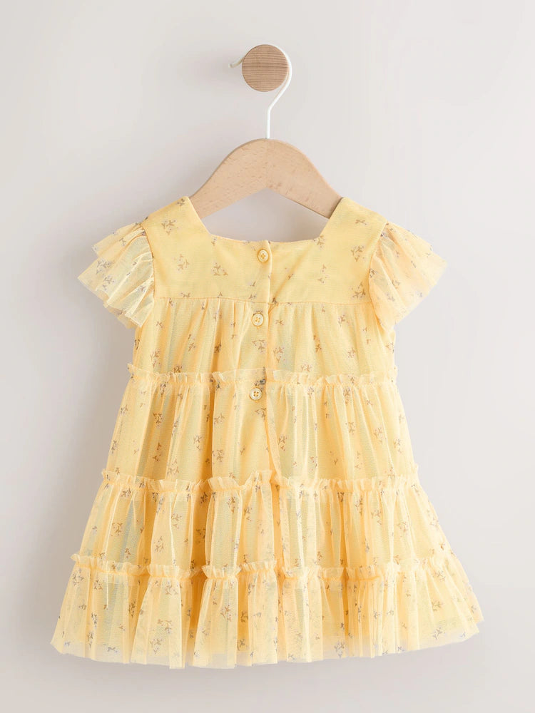 |BabyGirl| Vestido De Bebê Amarelo Com Estampa Floral Em Tule (0 meses a 2 anos)