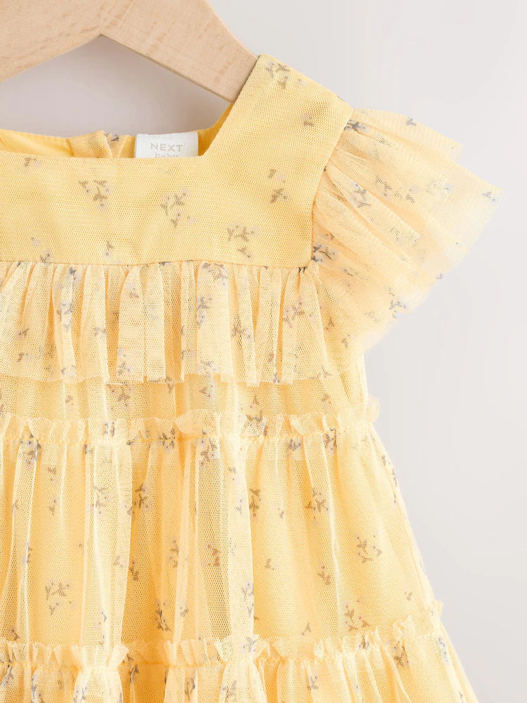 |BabyGirl| Vestido De Bebê Amarelo Com Estampa Floral Em Tule (0 meses a 2 anos)