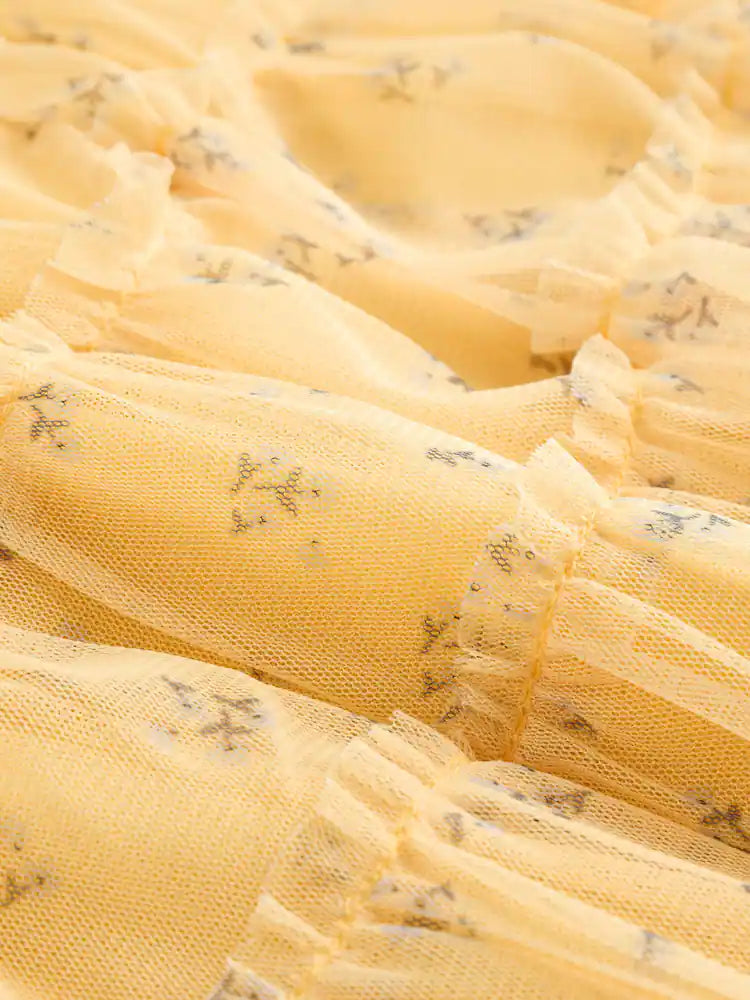 |BabyGirl| Vestido De Bebê Amarelo Com Estampa Floral Em Tule (0 meses a 2 anos)