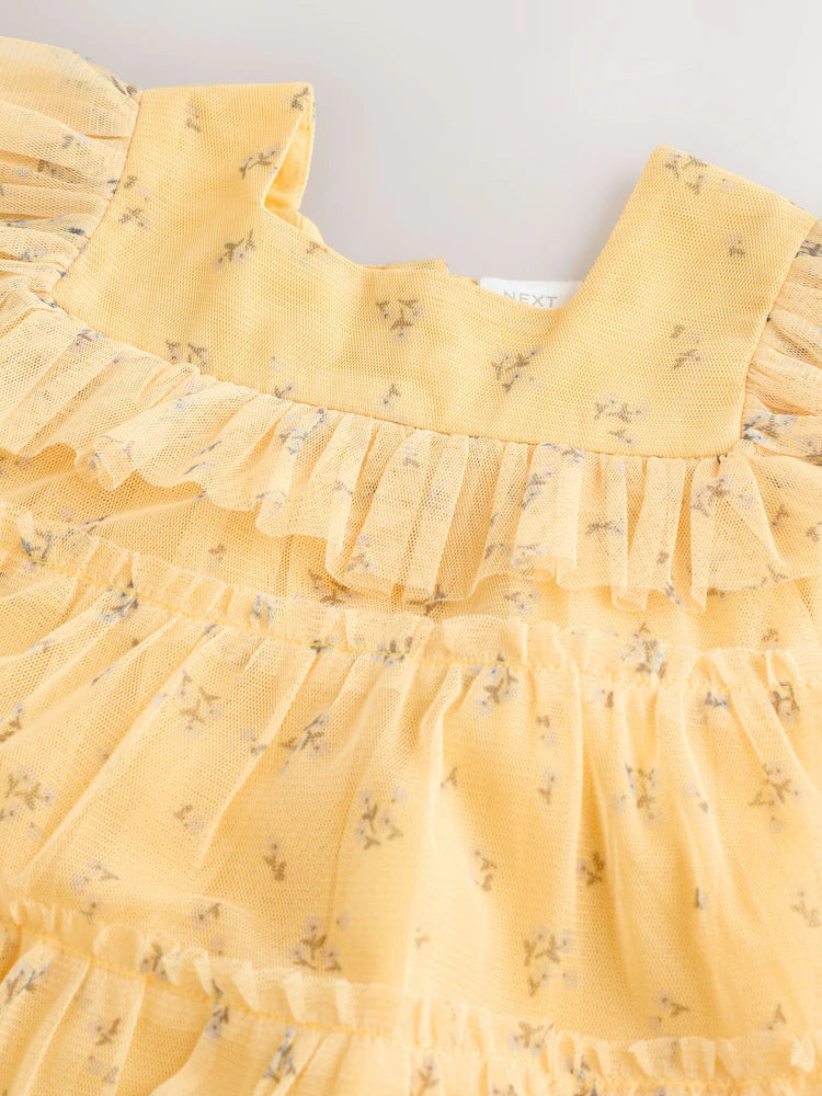 |BabyGirl| Vestido De Bebê Amarelo Com Estampa Floral Em Tule (0 meses a 2 anos)