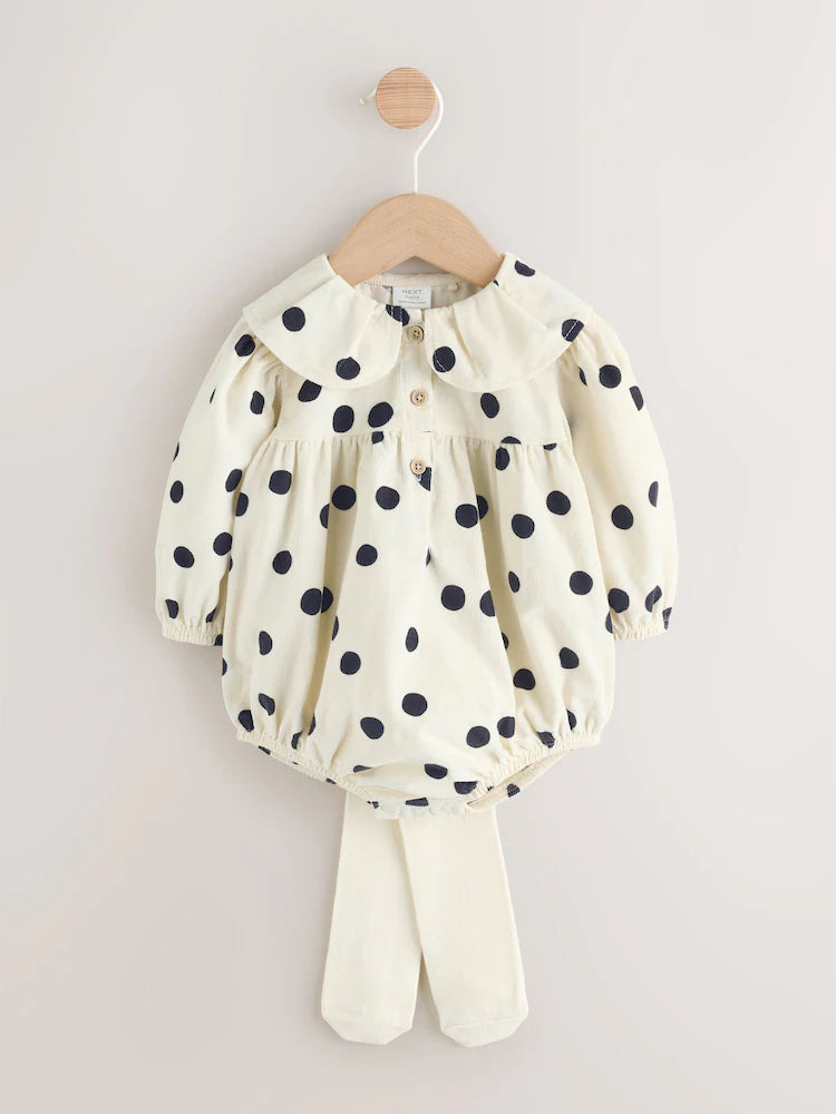 |BabyGirl| Conjunto De Body e Meia-Calça Para Bebê, Em Tons Creme e Cinza-Escuro Com Estampa de bolinhas (0 meses a 2 anos)