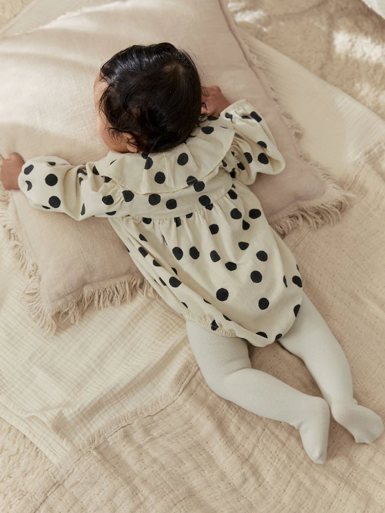 |BabyGirl| Conjunto De Body e Meia-Calça Para Bebê, Em Tons Creme e Cinza-Escuro Com Estampa de bolinhas (0 meses a 2 anos)