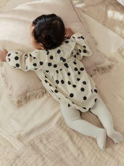 |BabyGirl| Conjunto De Body e Meia-Calça Para Bebê, Em Tons Creme e Cinza-Escuro Com Estampa de bolinhas (0 meses a 2 anos)