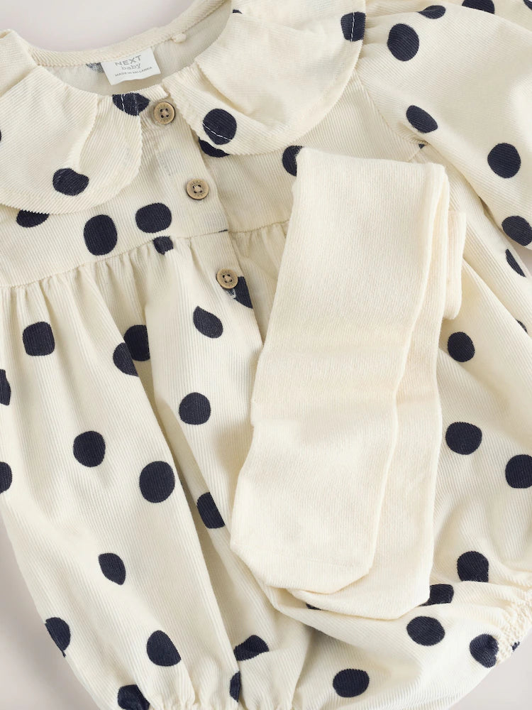 |BabyGirl| Conjunto De Body e Meia-Calça Para Bebê, Em Tons Creme e Cinza-Escuro Com Estampa de bolinhas (0 meses a 2 anos)