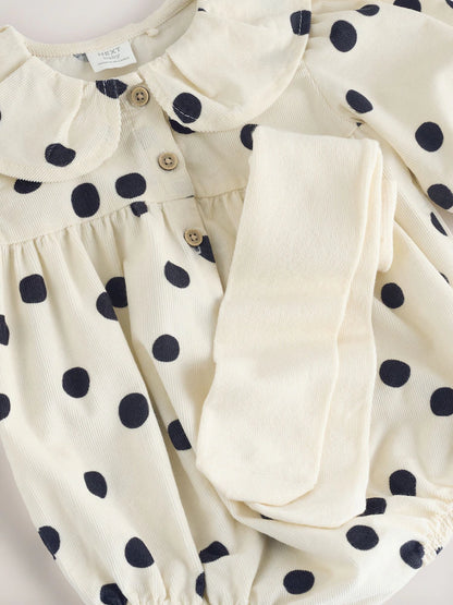 |BabyGirl| Conjunto De Body e Meia-Calça Para Bebê, Em Tons Creme e Cinza-Escuro Com Estampa de bolinhas (0 meses a 2 anos)