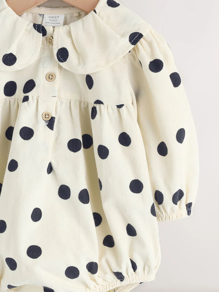 |BabyGirl| Conjunto De Body e Meia-Calça Para Bebê, Em Tons Creme e Cinza-Escuro Com Estampa de bolinhas (0 meses a 2 anos)