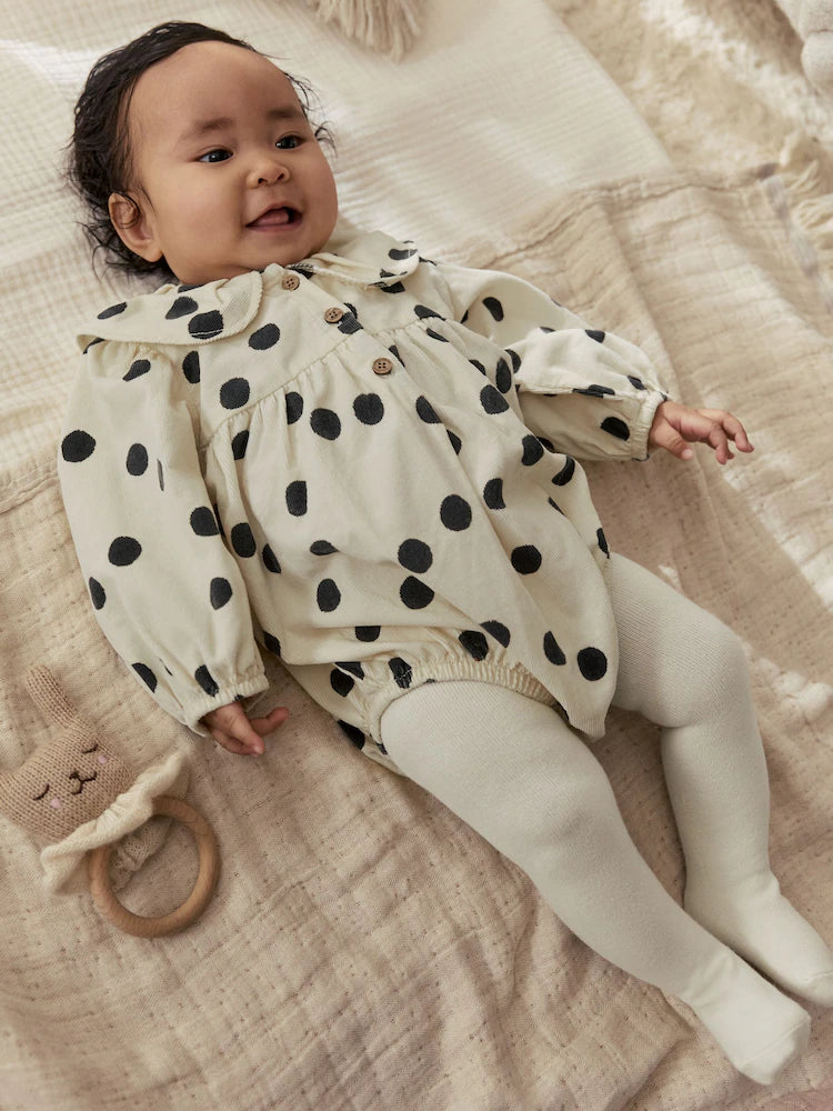 |BabyGirl| Conjunto De Body e Meia-Calça Para Bebê, Em Tons Creme e Cinza-Escuro Com Estampa de bolinhas (0 meses a 2 anos)