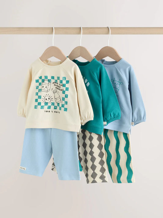 |BabyBoy| Conjunto De 6 Peças Azul/Verde Milk Club Baby (top e leggings) (0 meses a 3 anos)