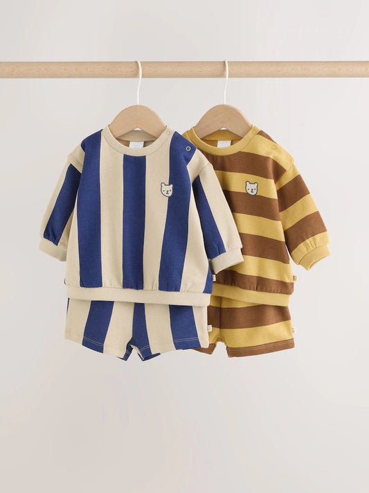 |BabyBoy| Conjunto De 4 Peças Para Bebê (0 meses a 2 anos) Composto Por Moletom Listrado Azul/Ferrugem e shorts