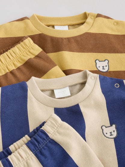 |BabyBoy| Conjunto De 4 Peças Para Bebê (0 meses a 2 anos) Composto Por Moletom Listrado Azul/Ferrugem e shorts