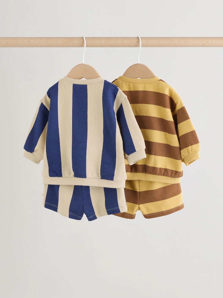 |BabyBoy| Conjunto De 4 Peças Para Bebê (0 meses a 2 anos) Composto Por Moletom Listrado Azul/Ferrugem e shorts