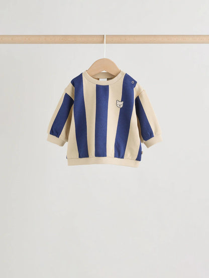 |BabyBoy| Conjunto De 4 Peças Para Bebê (0 meses a 2 anos) Composto Por Moletom Listrado Azul/Ferrugem e shorts