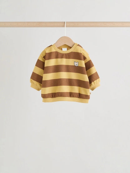 |BabyBoy| Conjunto De 4 Peças Para Bebê (0 meses a 2 anos) Composto Por Moletom Listrado Azul/Ferrugem e shorts