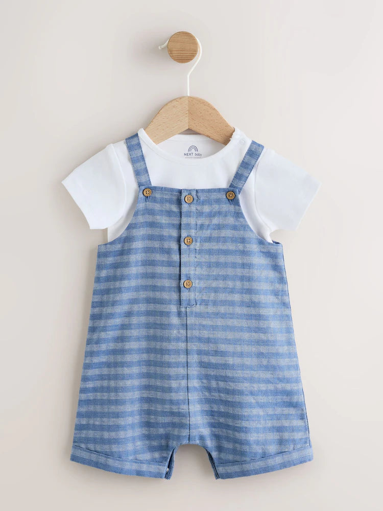 |BabyBoy| Conjunto De Jardineira e Body Xadrez Azul (0 meses a 2 anos)