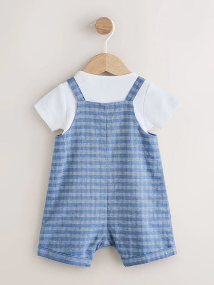 |BabyBoy| Conjunto De Jardineira e Body Xadrez Azul (0 meses a 2 anos)