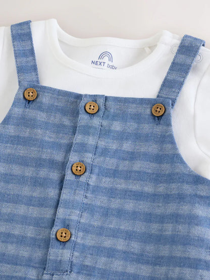 |BabyBoy| Conjunto De Jardineira e Body Xadrez Azul (0 meses a 2 anos)