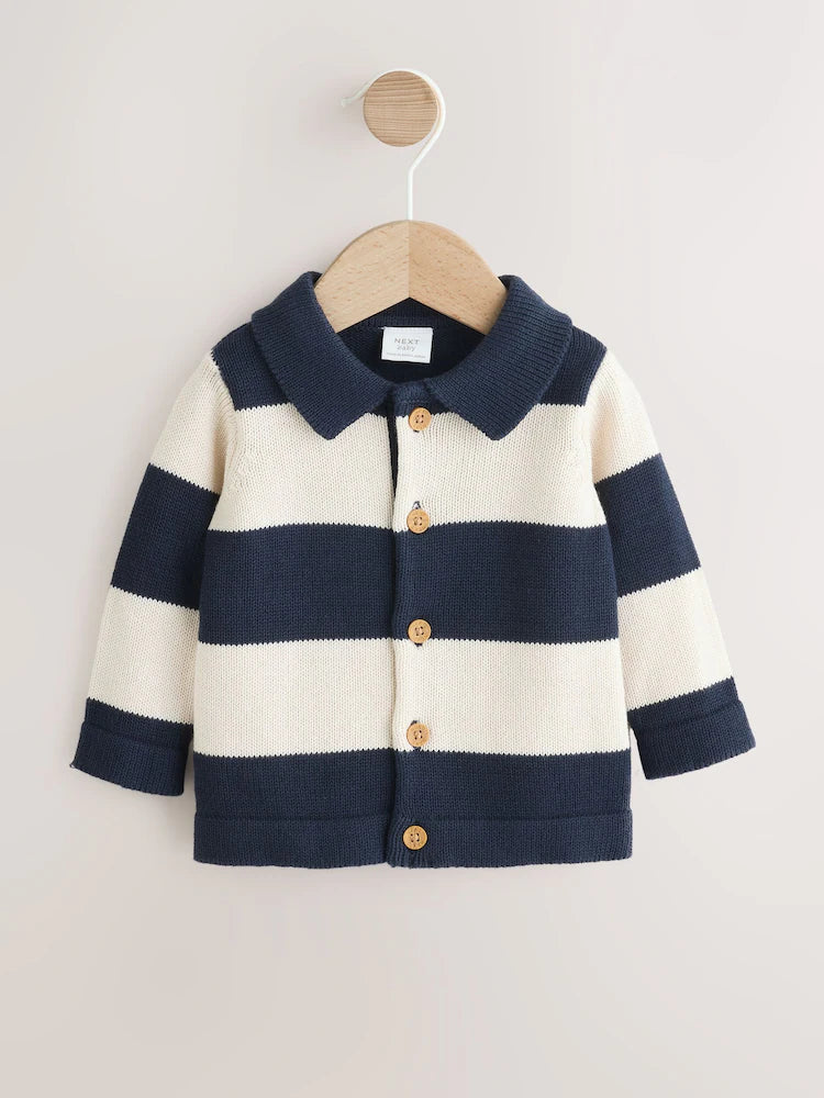 |BabyBoy| Casaquinho De Tricô Listrado Azul Marinho Para Bebê Com Gola (0 meses a 2 anos)