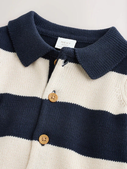 |BabyBoy| Casaquinho De Tricô Listrado Azul Marinho Para Bebê Com Gola (0 meses a 2 anos)