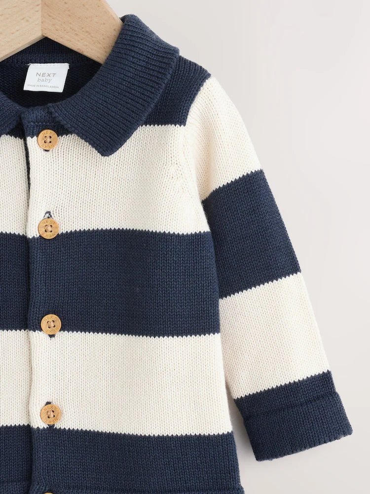 |BabyBoy| Casaquinho De Tricô Listrado Azul Marinho Para Bebê Com Gola (0 meses a 2 anos)
