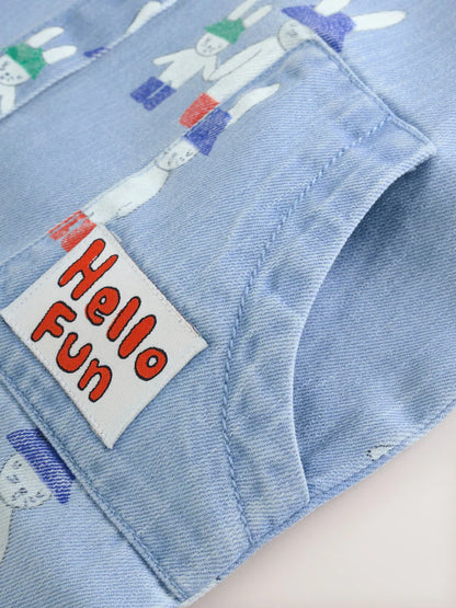 |BabyBoy| Macacão Infantil De Manga Curta Com Estampa De Coelho Em Jeans Azul (0 meses a 3 anos)