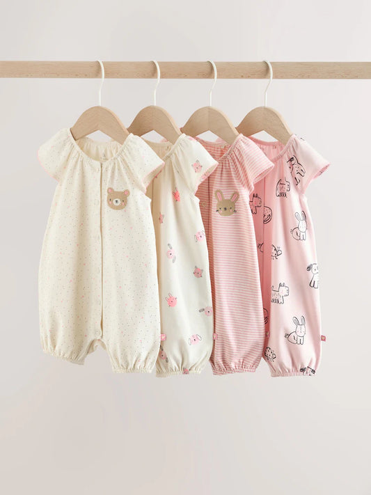 |BabyGirl| Conjunto Com 4 Macacões De Bebê Em Malha Jersey Rosa Com Estampa De Personagens e Botões Frontais