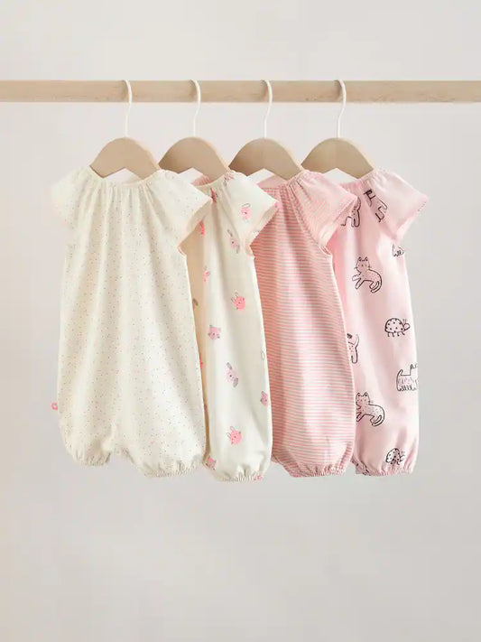 |BabyGirl| Conjunto Com 4 Macacões De Bebê Em Malha Jersey Rosa Com Estampa De Personagens e Botões Frontais