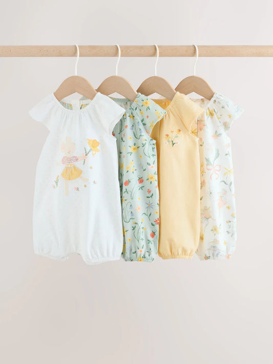 |BabyGirl| Conjunto De 4 Macacões De Bebê Em Malha Com Estampa Floral Amarela e Azul De Ratinhos