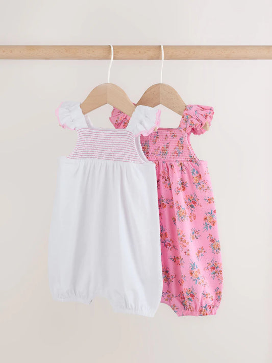 |BabyGirl| Conjunto Com 2 Macacões De Bebê Em Malha Jersey Rosa Com Babados Florais Nos Ombros