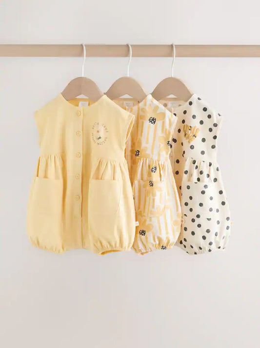 |BabyGirl| Conjunto De 3 Macacões De Bebê Amarelos Com Estampa Floral e Botões