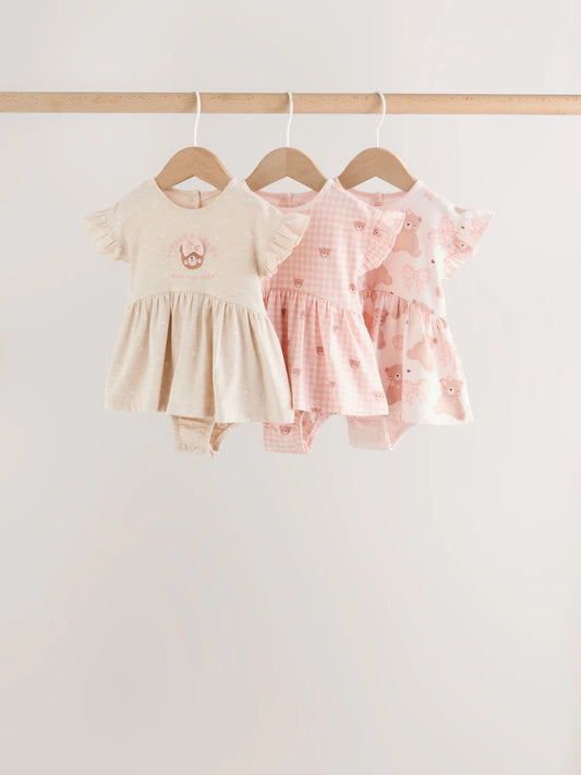 |BabyGirl| Conjunto Com 3 Macacões De Bebê Em Malha Com Bordado De Ursinho Rosa